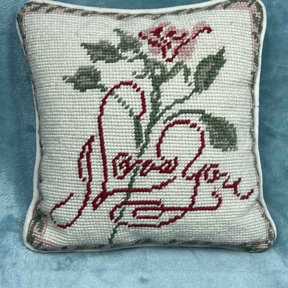Vintage Hand-Stitched Needlepoint Accent Pillow I Love You Floral Beige 8x8